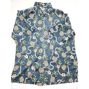 Reyn Spooner Blue Floral Pineapple Hawaiian Camp Shirt - Men’s Size Large EUC